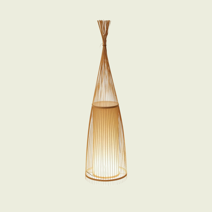 Woven bamboo floor lamp on a cream background