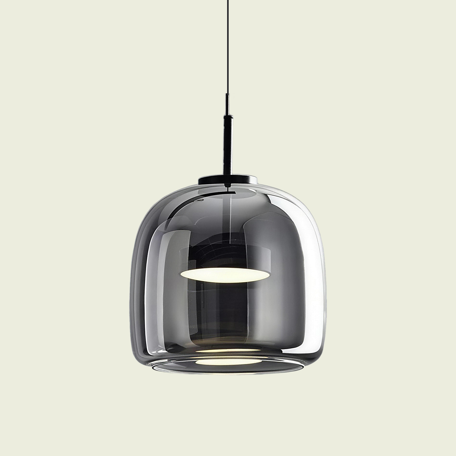 Smoke grey glass pendant light, tall Type A shade, black cord