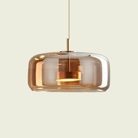 Amber glass pendant light, wide Type B drum shade, brass cap